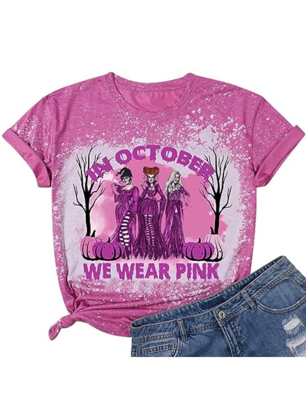 Halloween Sanderson Sisters T-Shirt Women Breast Cancer Awareness Short Sleeve